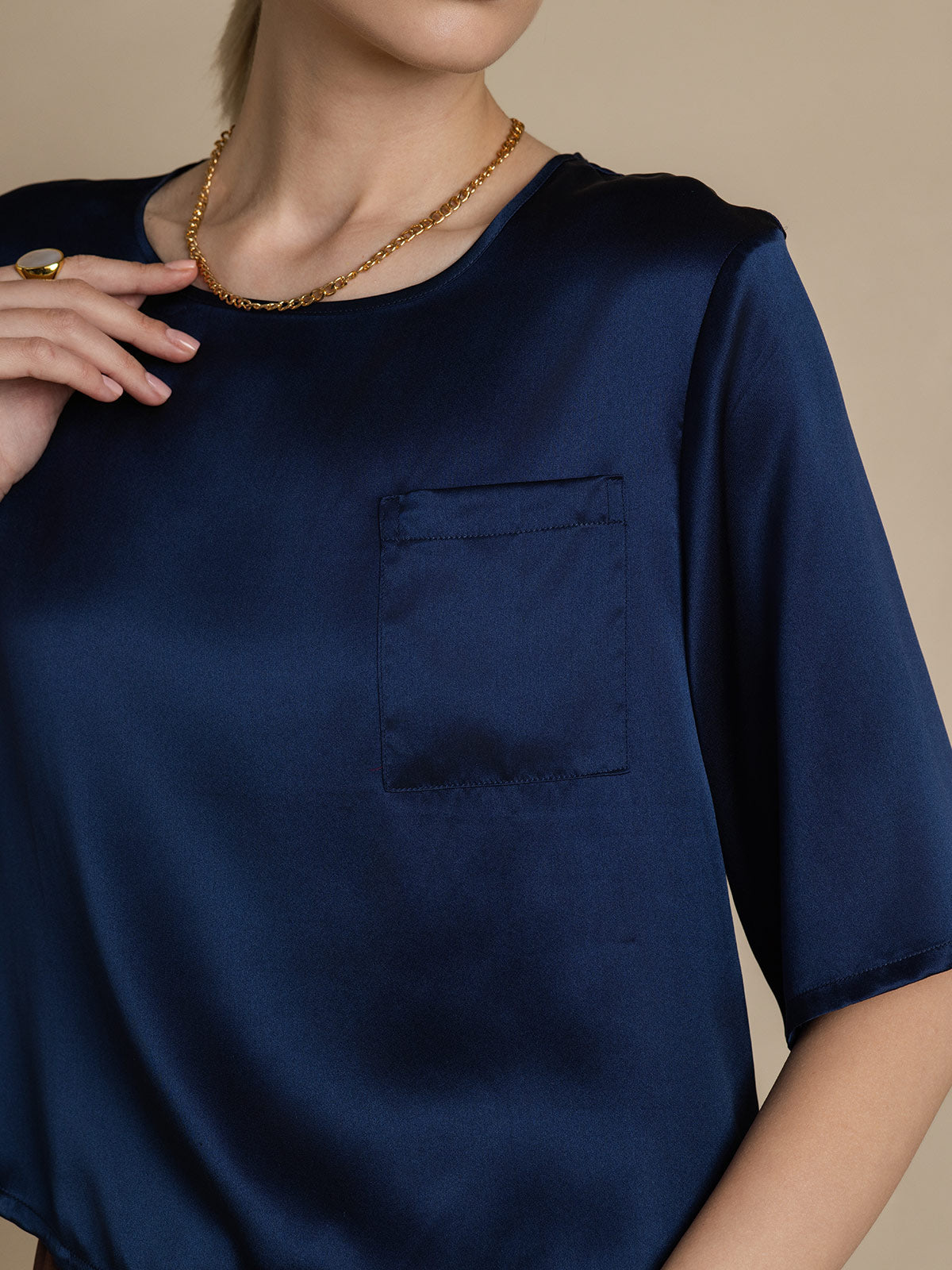 [Bleu Foncé] SilkSilky-FR Pure Soie Manches mi-longues Col Bateau Femme T-Shirt 006