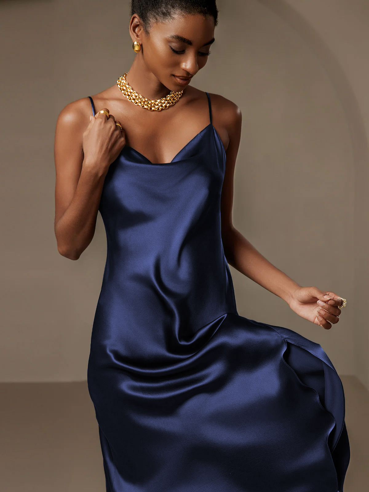 [Bleu Foncé] SilkSilky-FR 19Momme Pure Soie Col Bénitier Robes 006