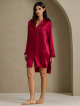 [Rouge Vineux] SilkSilky-FR Long Sleeve Lapel Collar Chemise pour dormir 008