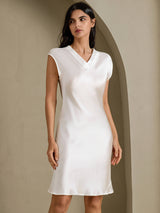 [Blanc] SilkSilky-FR Cap Sleeve V Neck Robes 006