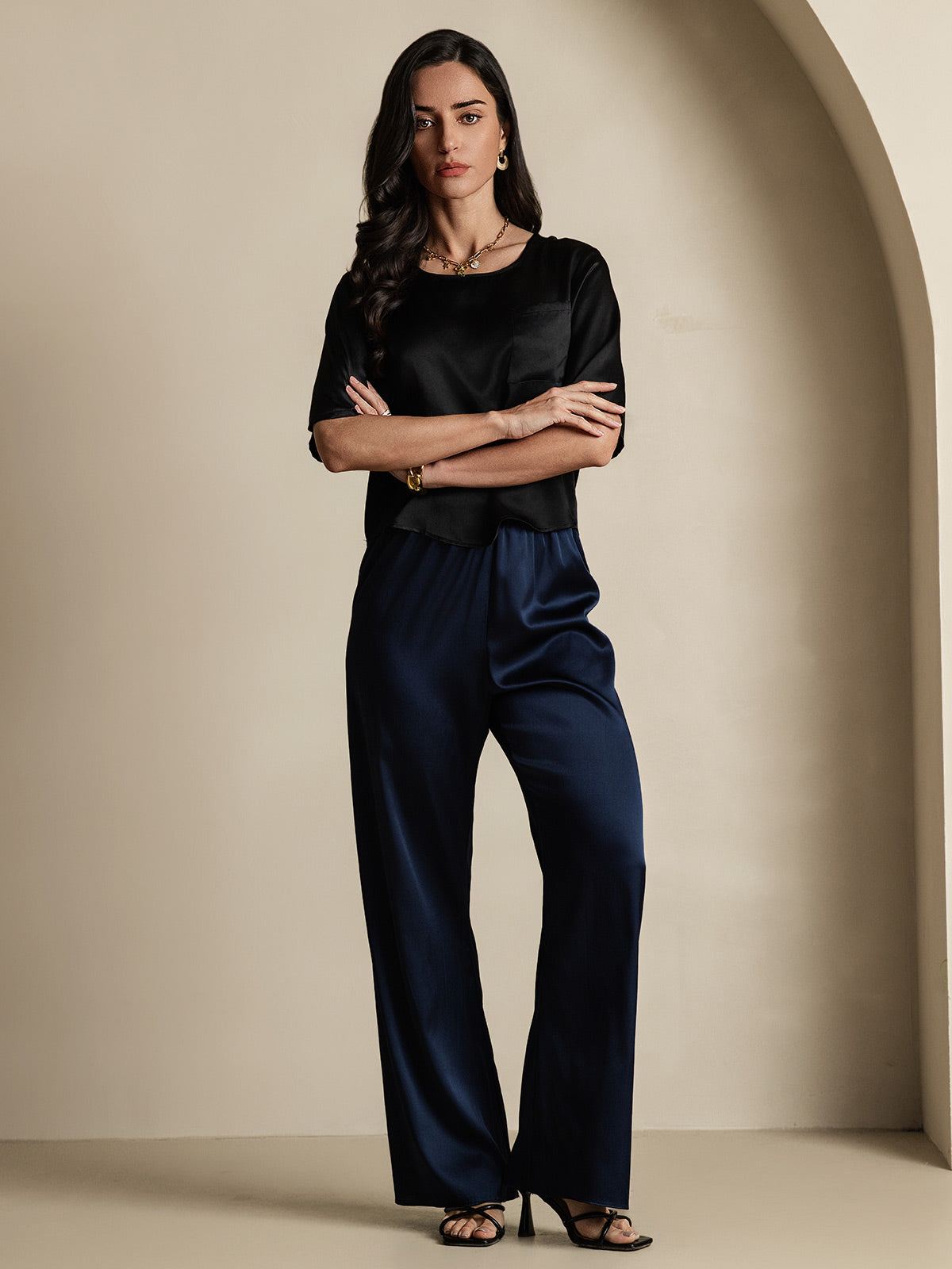 [Noir] SilkSilky-FR Pure Soie Manches mi-longues Col Bateau Femme T-Shirt 007