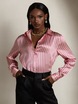 [Rayure Rose] SilkSilky-FR Long Sleeve Lapel Collar Femme Chemise 005