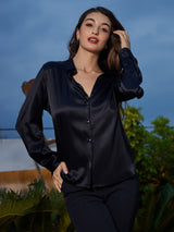 [Noir] SilkSilky-FR Long Sleeve Lapel Collar Femme Chemise 005