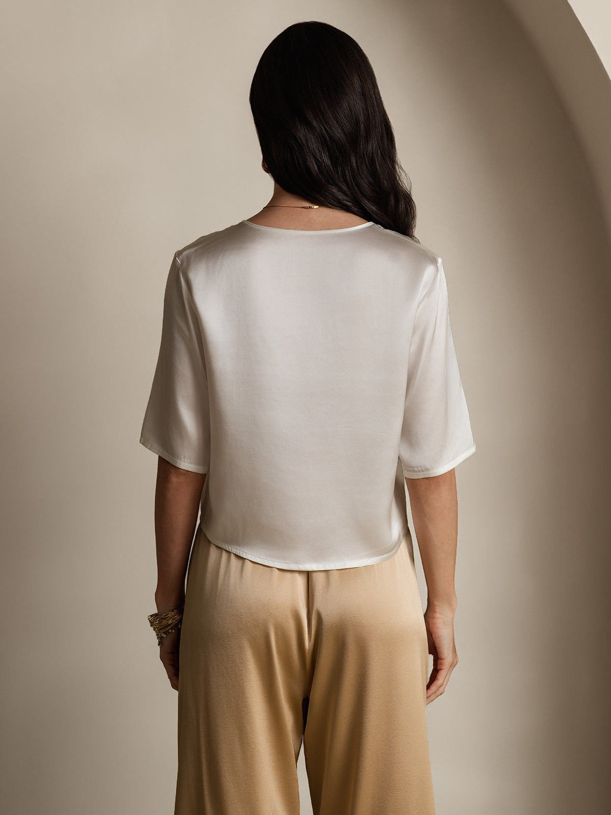 [Blanc] SilkSilky-FR Pure Soie Manches mi-longues Col Bateau Femme T-Shirt 002