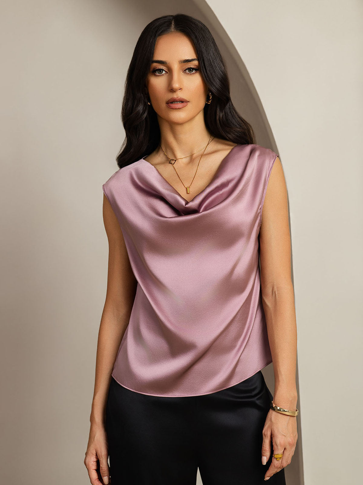 [Mauve Pâle] SilkSilky-FR 19Momme Soie Sans manches Col Bénitier Femme T-Shirt 004