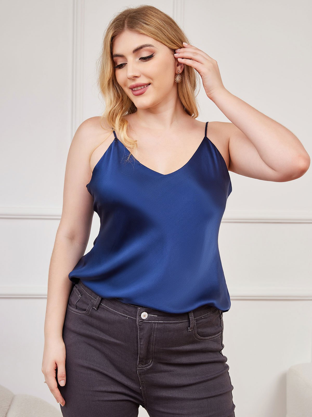 [Bleu Foncé] SilkSilky-FR Fines Brides Col V Top À Fines Brides grandes tailles 003