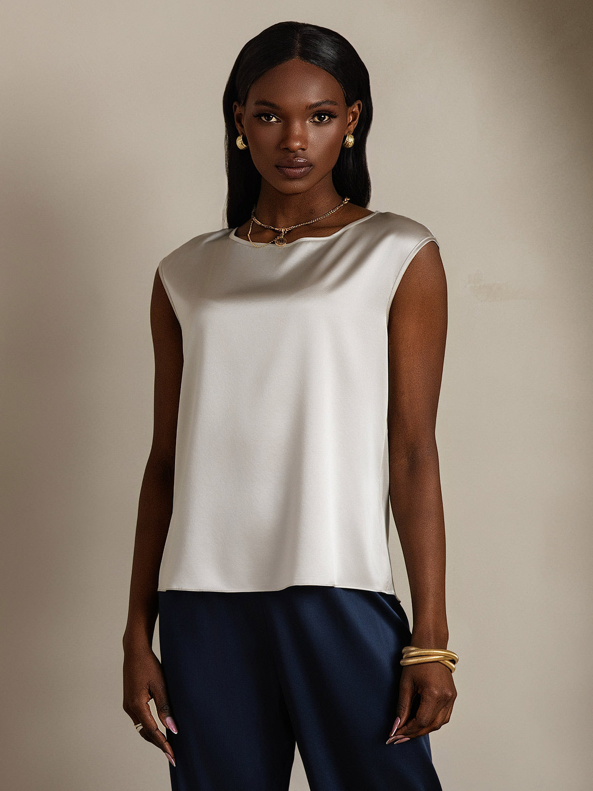 [Gris Clair] SilkSilky-FR 19Momme Soie Col Rond Femme T-Shirt 001