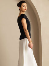[Noir] SilkSilky-FR Cap Sleeve Cowl Neck Femme T-Shirt 002