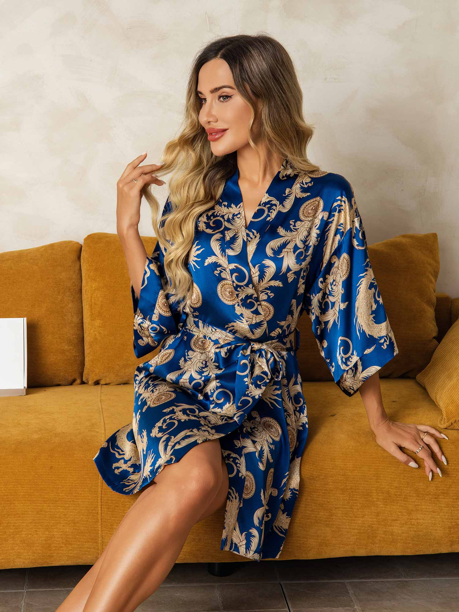 [Bleu] SilkSilky-FR Pure Soie Womens Robe 004