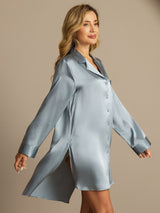 [Bleu Grisâtre] SilkSilky-FR Long Sleeve Lapel Collar Chemise pour dormir 006