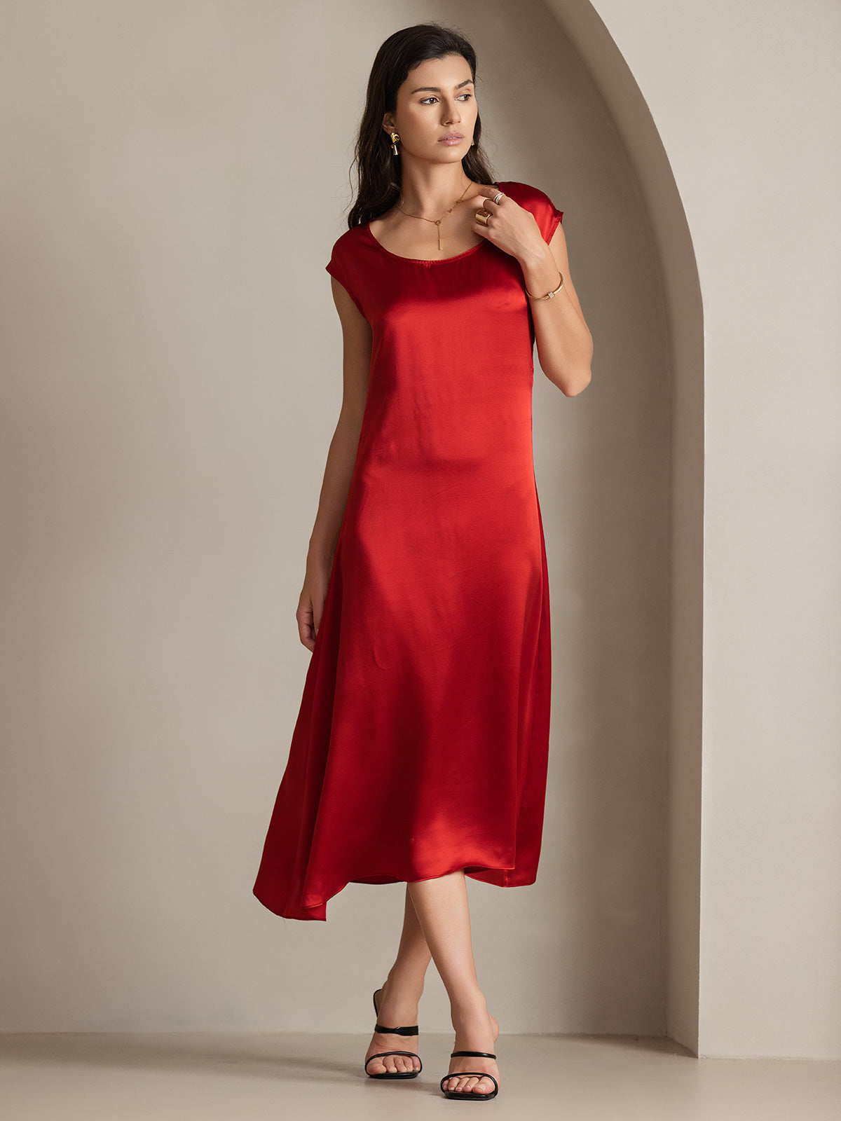 [Rouge Vineux] SilkSilky-FR 19Momme Soie Col Rond Robes 005