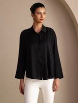 [Noir] SilkSilky-FR Long Sleeve Lapel Collar Blouse 001
