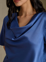 [Bleu Canard Véritable] SilkSilky-FR Short Sleeve Cowl Neck Blouse 004