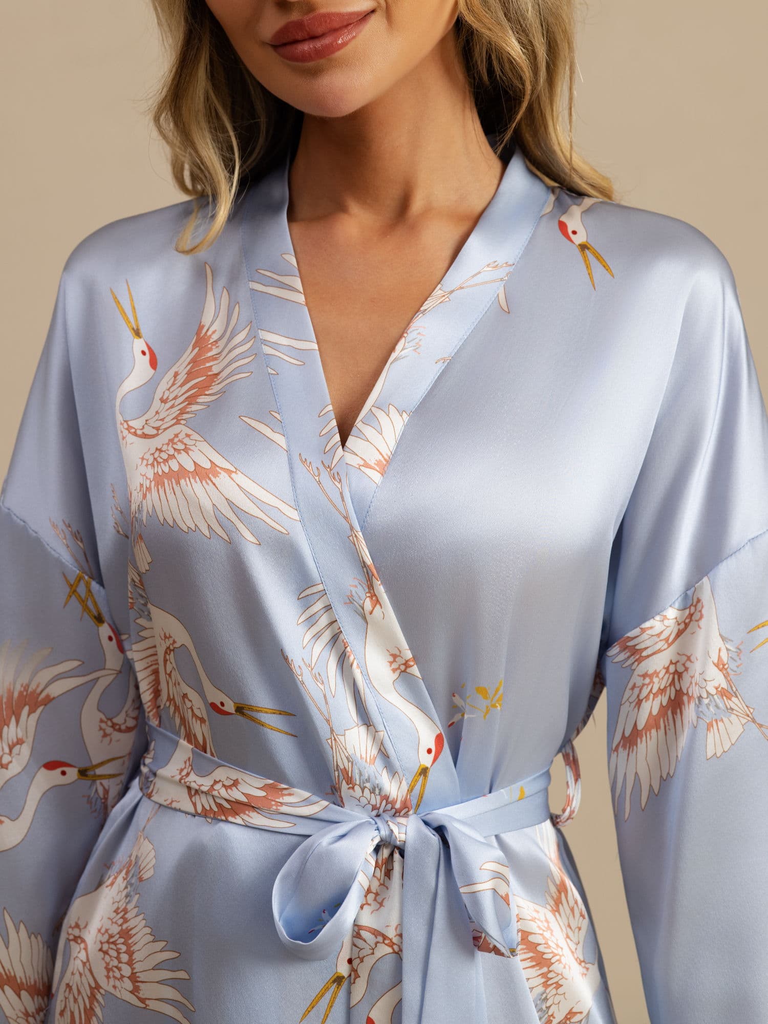 [Bleu Clair] SilkSilky-FR 19Momme Trois-quart Femme Peignoir 005