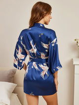 [Bleu Foncé] SilkSilky-FR 3/4 Sleeve Femme Peignoir 004