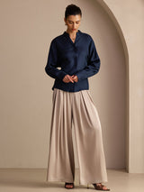 [Bleu Foncé] SilkSilky-FR Long Sleeve Blouse 006