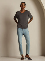 [Gris] SilkSilky-FR Manches courtes Col V Femme T-Shirt 009