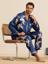 [Bleu Foncé] SilkSilky-FR Long Sleeve Lapel Collar Homme Pyjamas 001
