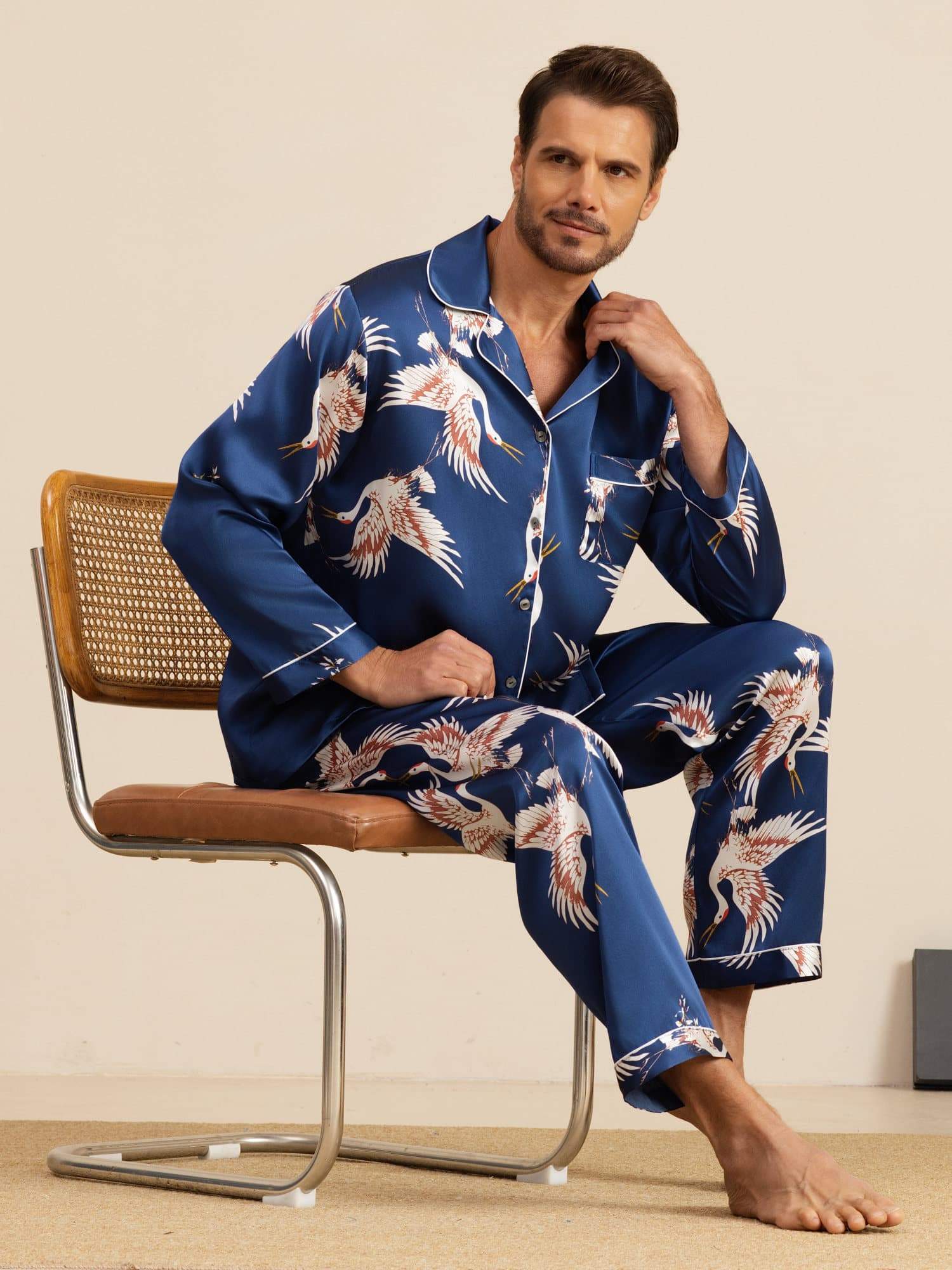 [Bleu Foncé] SilkSilky-FR Long Sleeve Notch Collar Homme Pyjamas 001