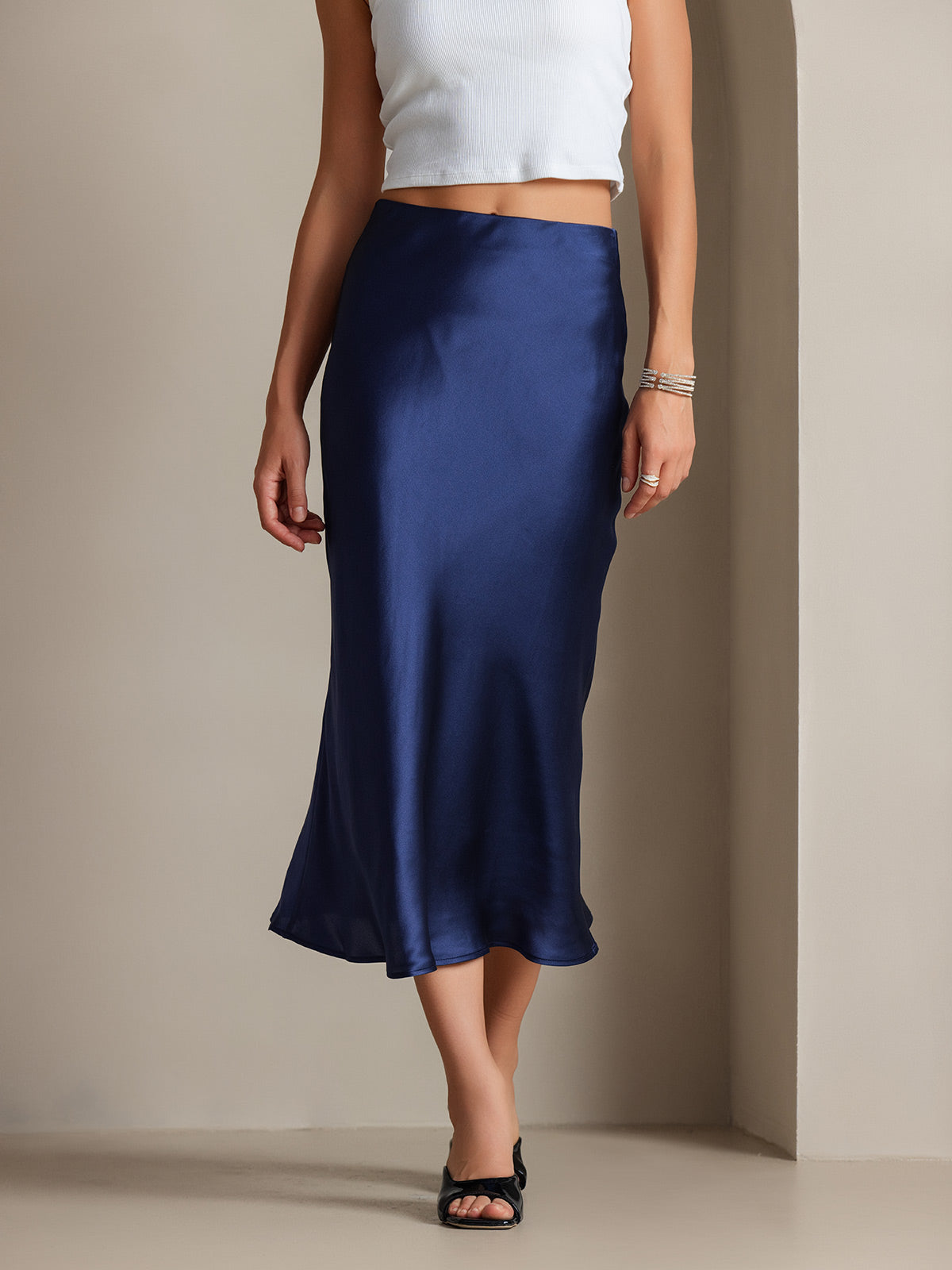 SilkSilky-FR 19Momme Pure Soie Skirt BleuFoncé 003