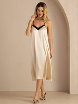 [Beige Riz] SilkSilky-FR Spaghetti Strap V Neck Robes 004
