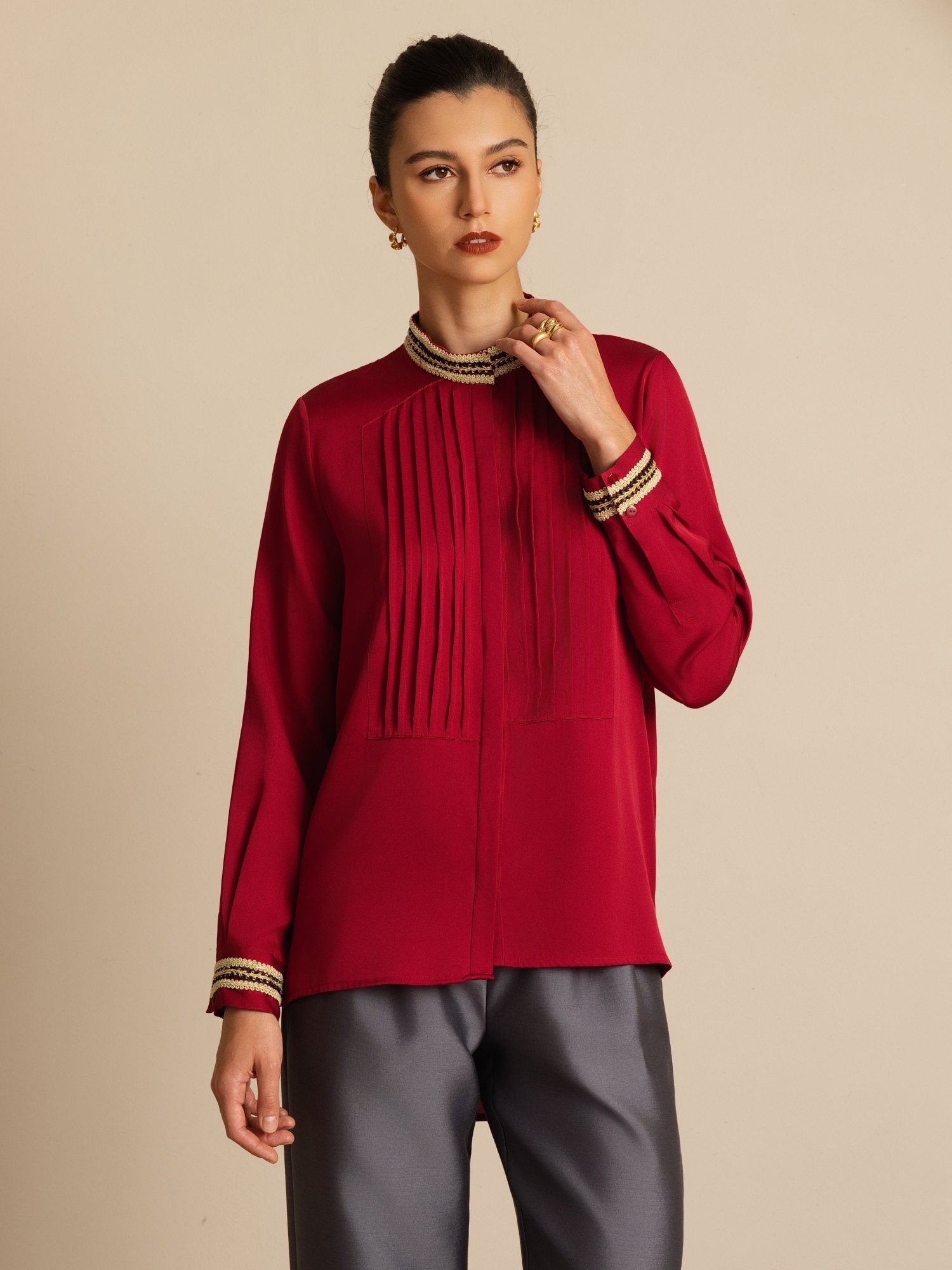 [Rouge Vineux] SilkSilky-FR 19Momme Soie Manches longues Col Montant Blouse 003