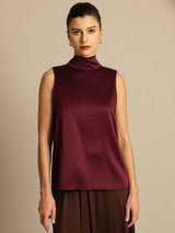 [Rouge Foncé] SilkSilky-FR 19Momme Sans manches Col Haut Blouse 006