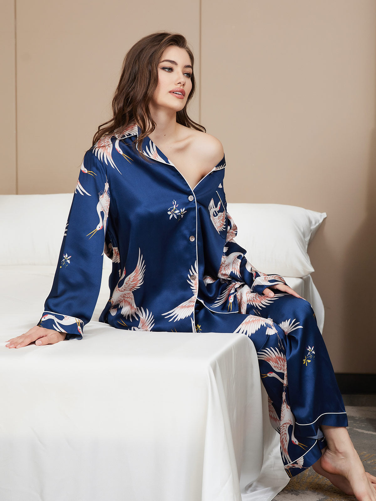 [Bleu Foncé] SilkSilky-FR Long Sleeve Lapel Collar Femme Pyjamas 002