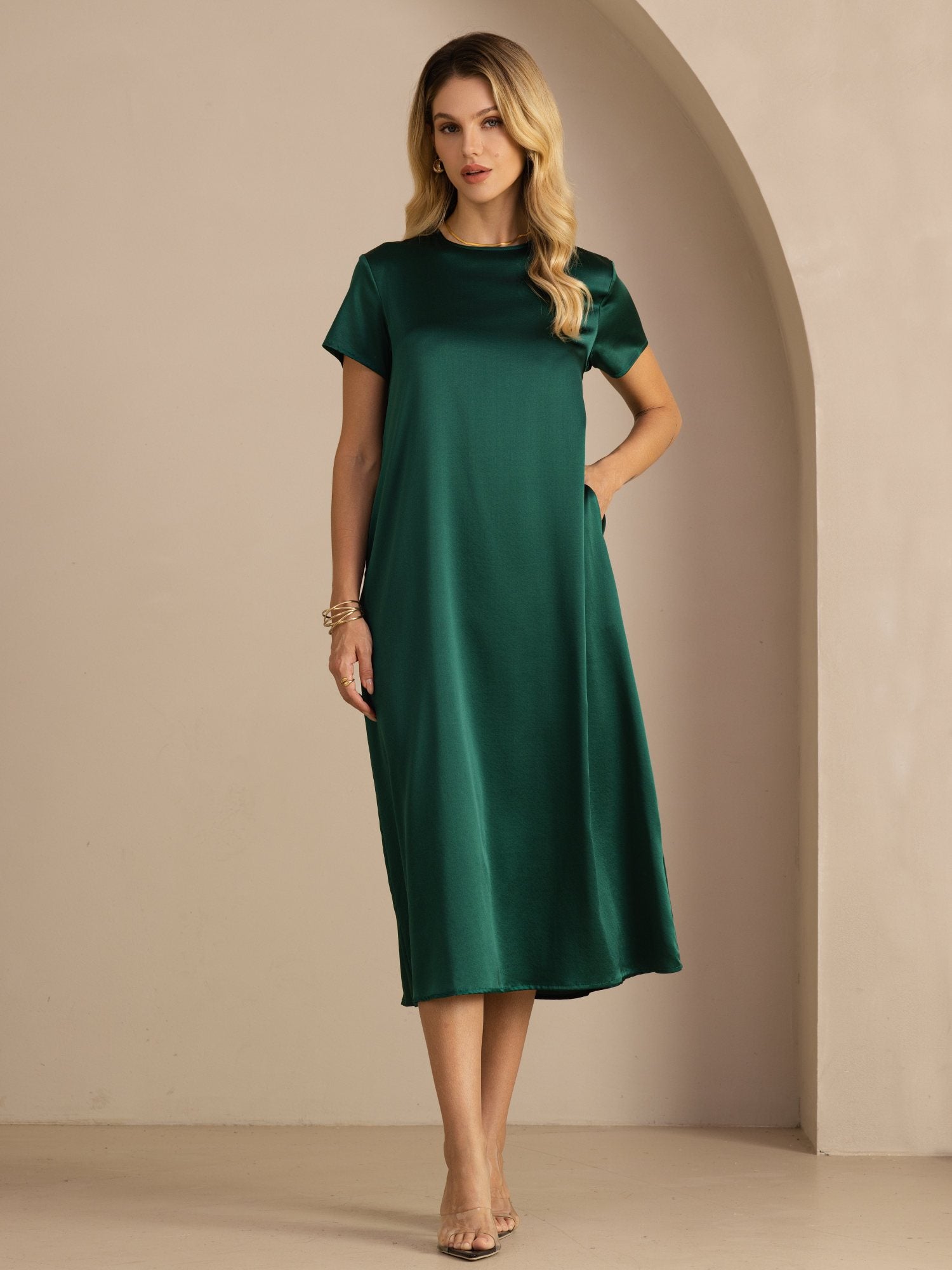 [Vert Foncé] SilkSilky-FR Short Sleeve Round Neck Robes 001