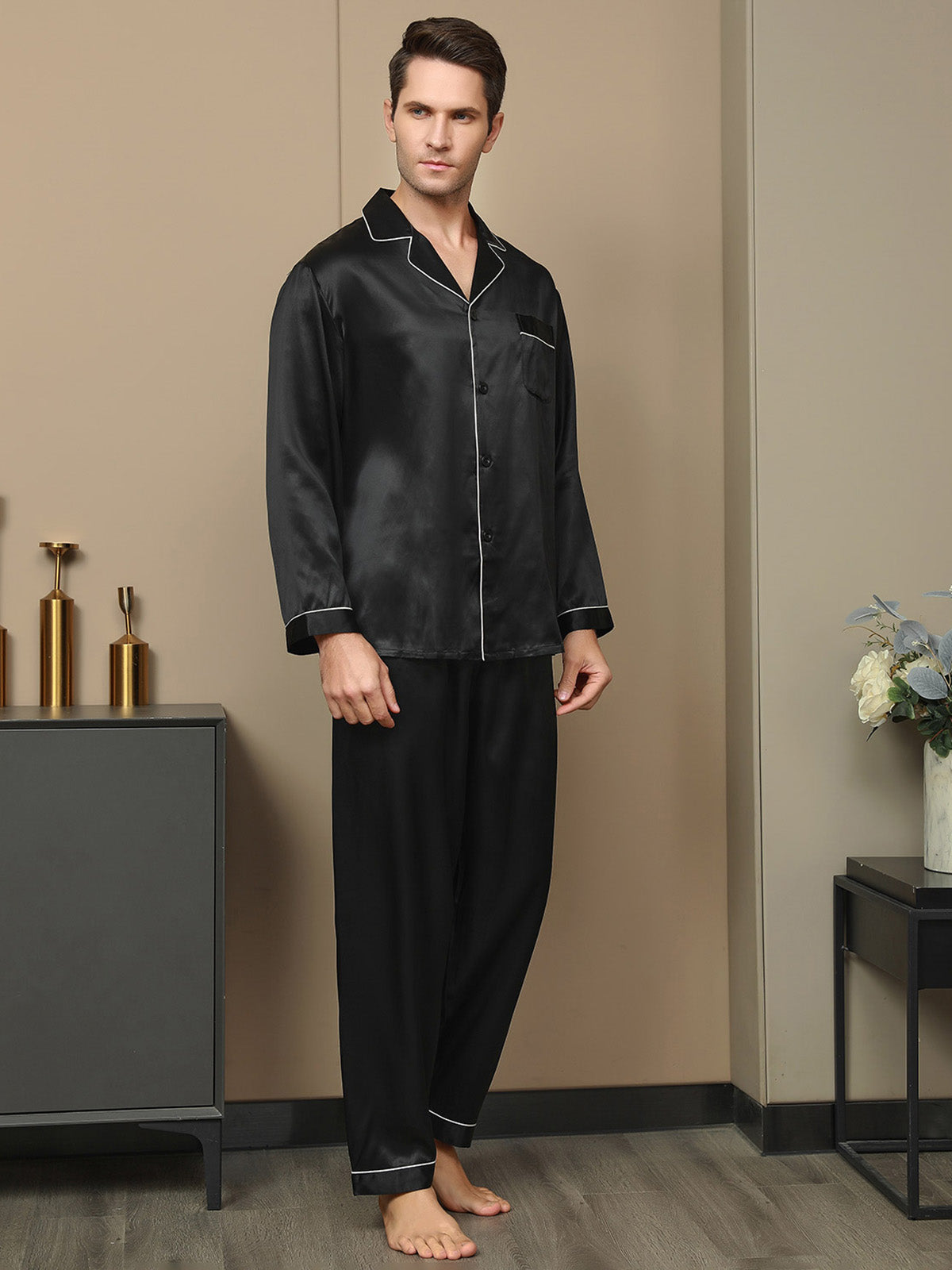 SilkSilky FR 19Momme Pure Soie Manches longues Revers Homme Pyjamas Noir 003