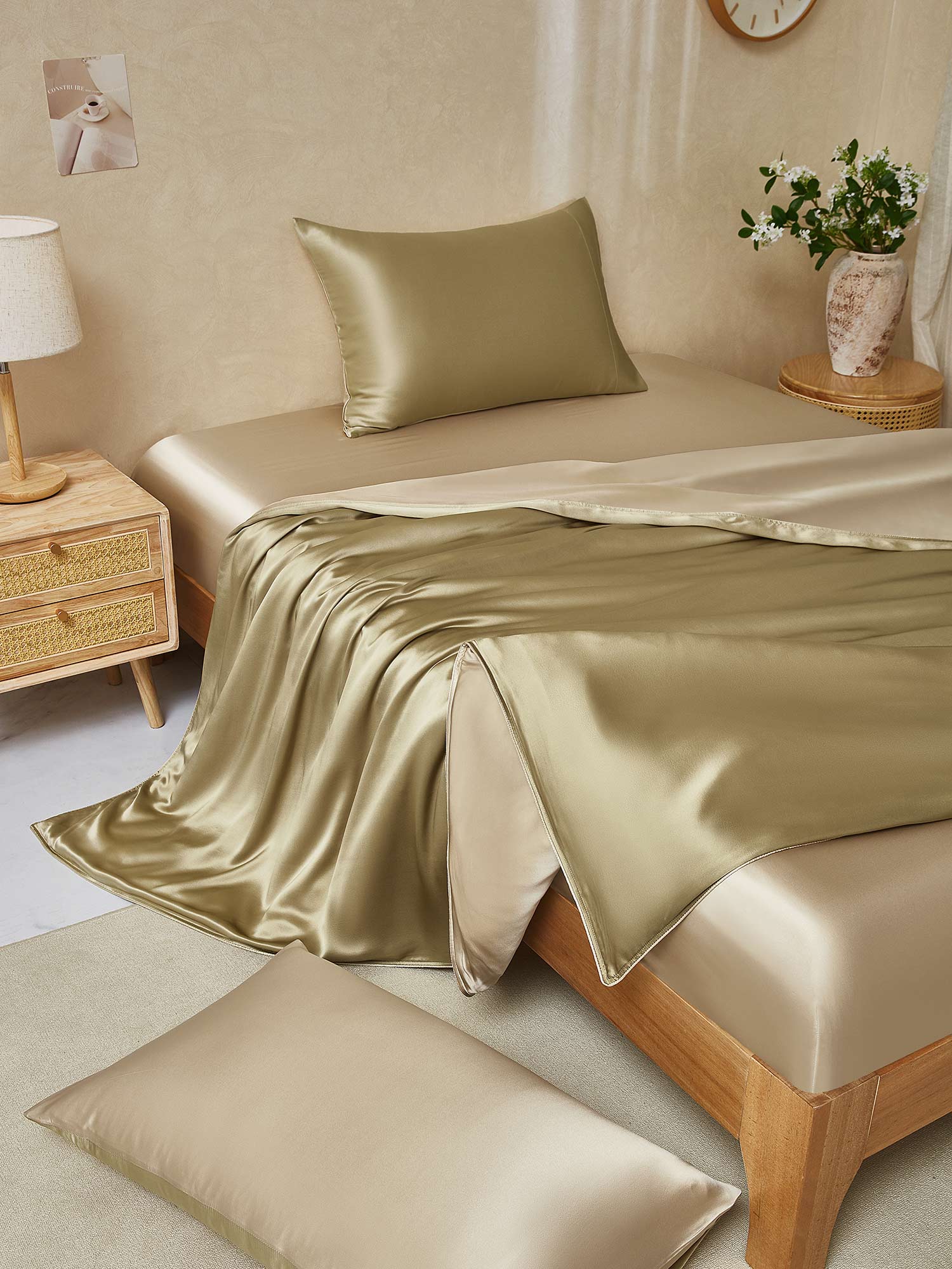 [Beige+Kaki] SilkSilky-FR 19Momme Pure Soie Bedding Set 001,