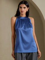 [Bleu Canard Véritable] SilkSilky-FR Sleeveless Halter Femme T-Shirt 001