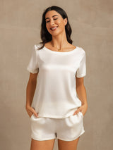 [Blanc] SilkSilky-FR 19Momme Manches courtes Col Rond Femme Pyjamas 001