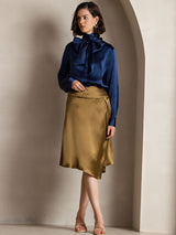 [Bleu Foncé] SilkSilky-FR Long Sleeve High Neck Blouse 005