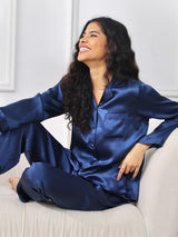 [Bleu Foncé] SilkSilky-FR Long Sleeve Lapel Collar Femme Pyjamas 001