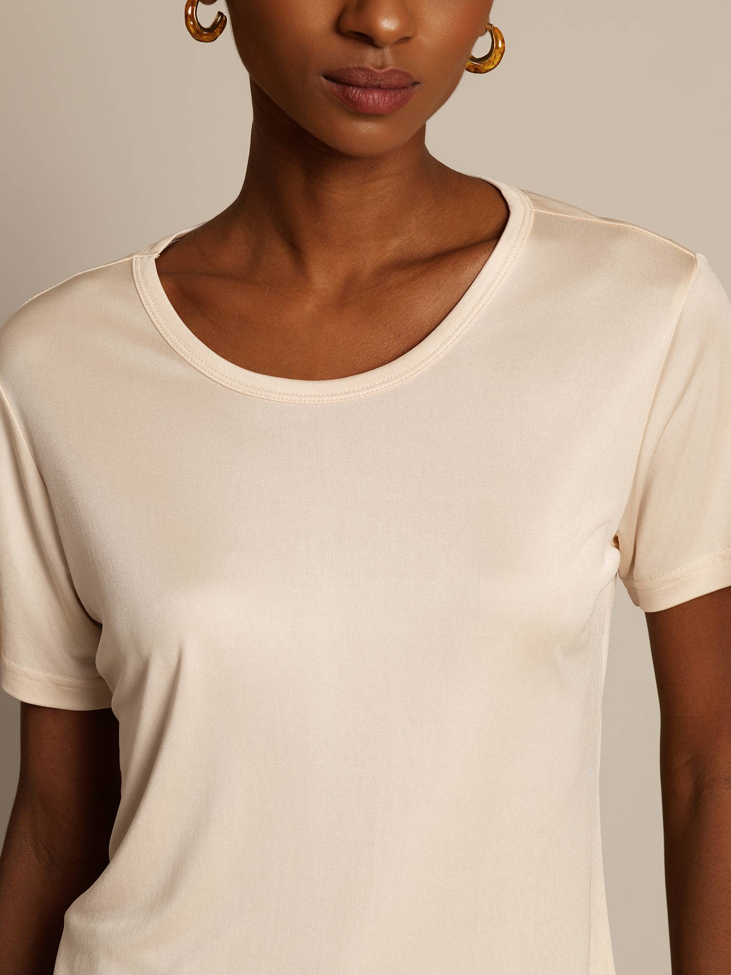 [Beige] SilkSilky-FR Soie Tricotée Col Rond Femme T-Shirt 003
