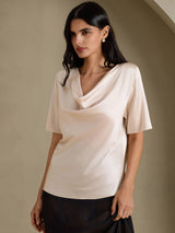 [Beige] SilkSilky-FR Short Sleeve Cowl Neck Blouse 001