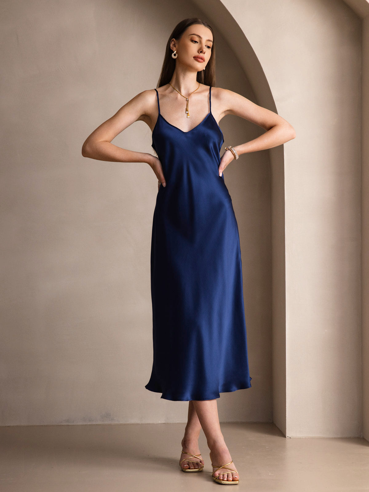 [Bleu Foncé] SilkSilky-FR Pure Soie Col Rond Robes 004