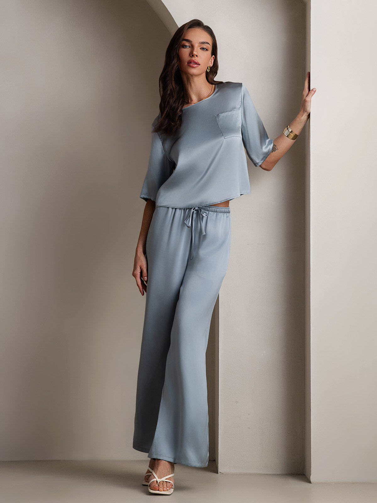[Bleu Grisâtre] SilkSilky-FR Pure Soie Col Rond Femme Pyjamas 001