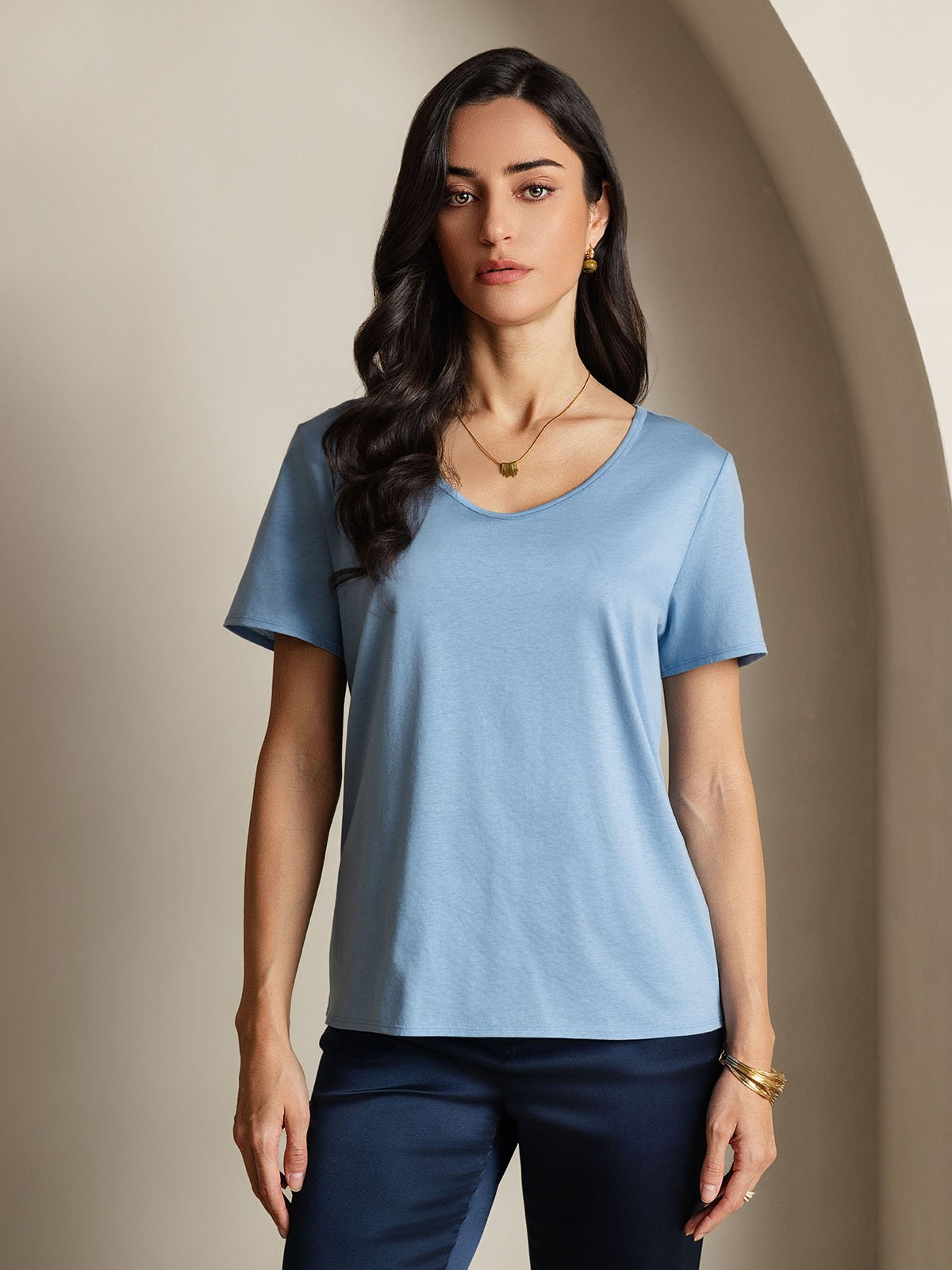 SilkSilky-FR Soie Manches courtes Col en V Femme T-Shirt Bleu 001