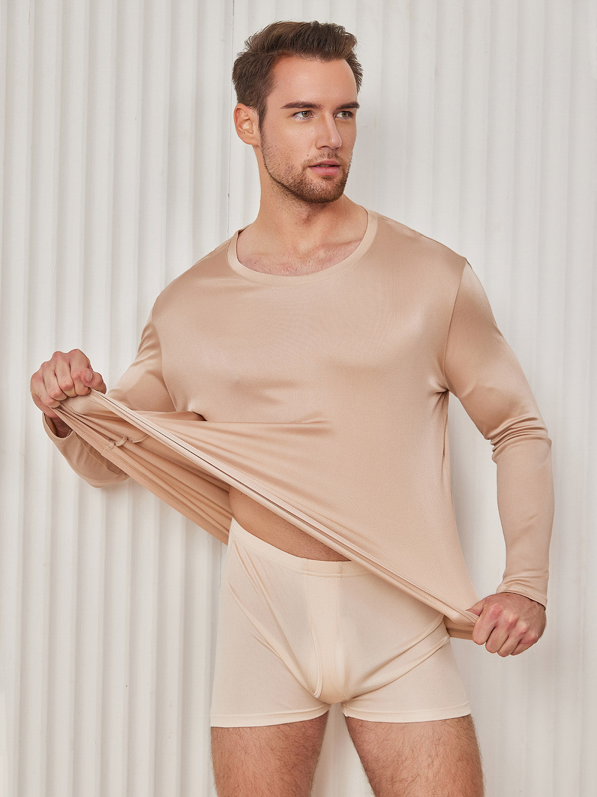 [Beige] SilkSilky-FR Manches longues Col Rond Homme T-Shirt 002