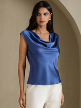 [Bleu Canard Véritable] SilkSilky-FR Cap Sleeve Cowl Neck Femme T-Shirt 003
