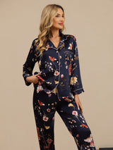 [Floral Marine] SilkSilky-FR Long Sleeve Lapel Collar Femme Pyjamas 005