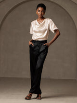 [Beige] SilkSilky-FR Short Sleeve Cowl Neck Blouse 005