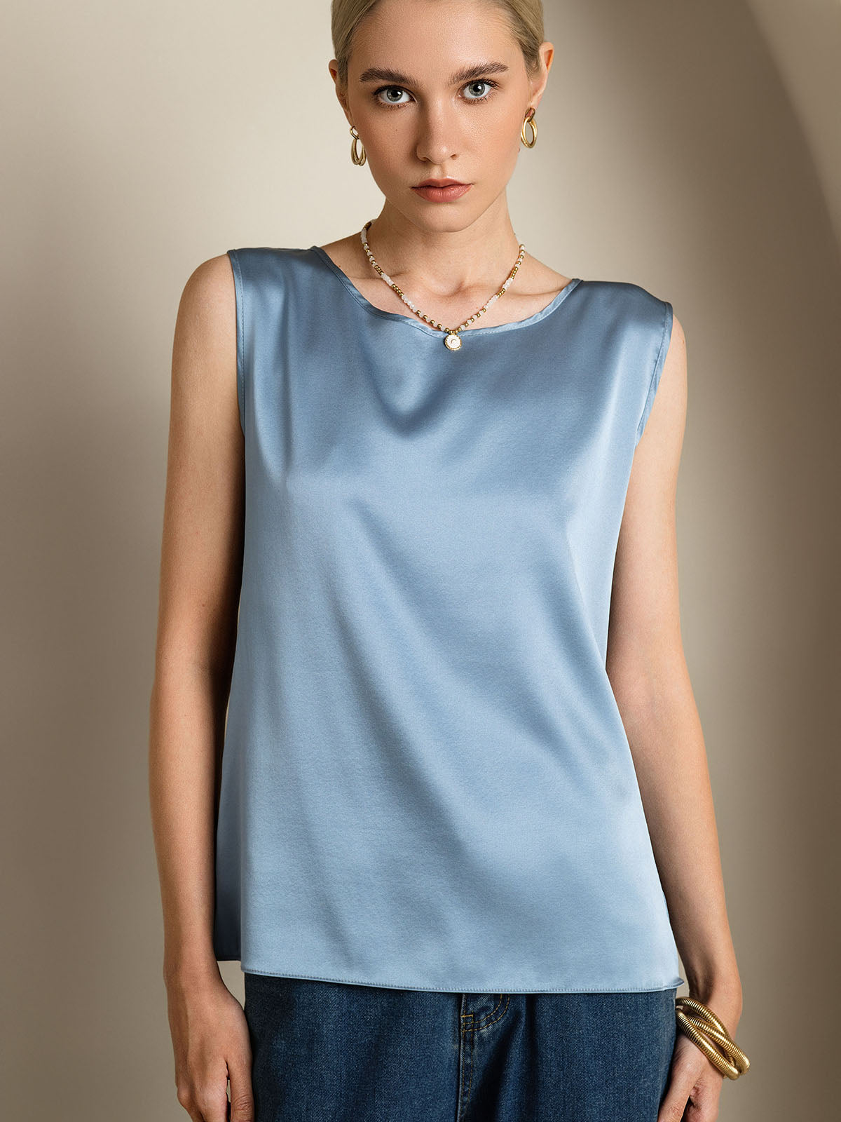 [Bleu Grisâtre] SilkSilky-FR 19Momme Soie Col Rond Top À Fines Brides 005