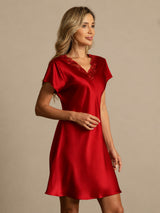 [Rouge Foncé] SilkSilky-FR Short Sleeve V Neck Chemises de nuit 006