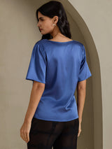 [Bleu Canard Véritable] SilkSilky-FR Short Sleeve Cowl Neck Blouse 002