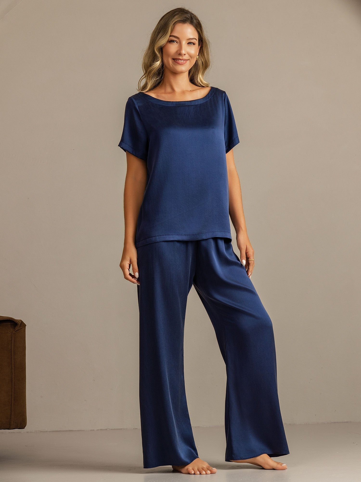 [BleuFoncé] SilkSilky-FR 19Momme Soie Womens Pajamas 001