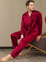 [Rouge Vineux] SilkSilky-FR Pure Soie Manches longues Revers Homme Pyjamas 001
