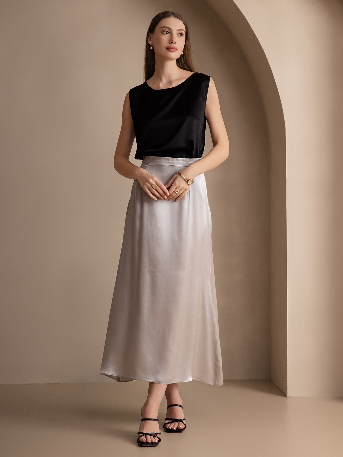 [Noir] SilkSilky-FR 19Momme Sans manches Col Rond Top À Fines Brides 006